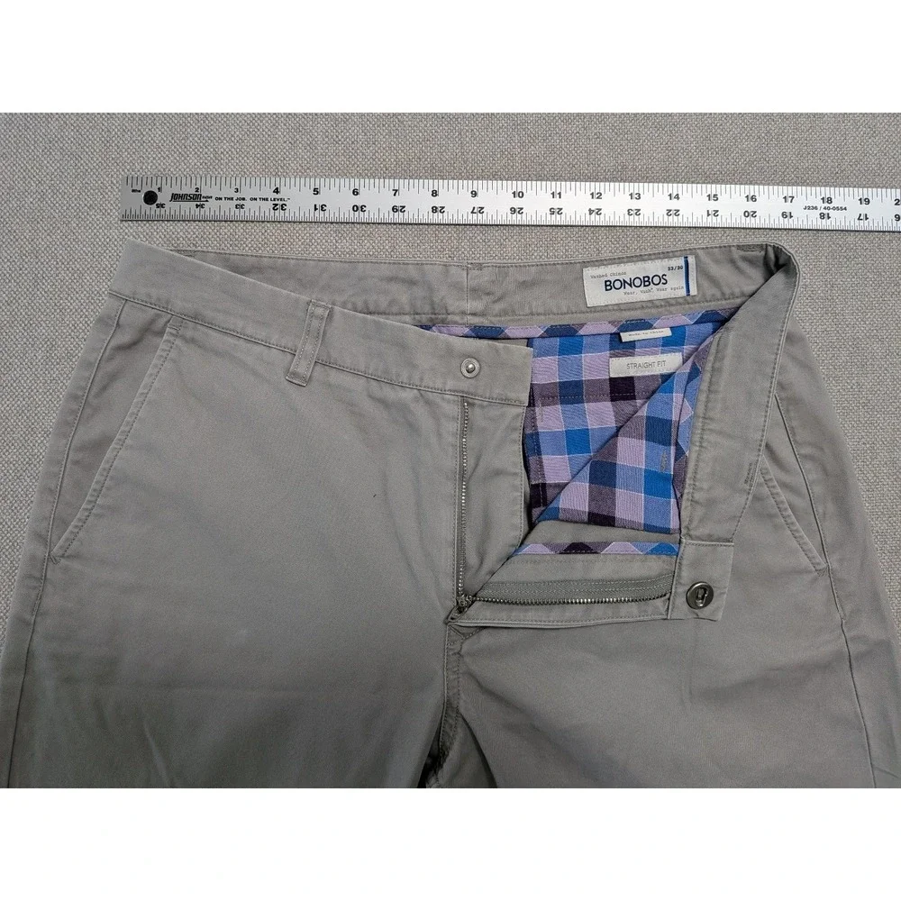 BONOBOS Men's Washed Chinos Pants 33x30 Grey Straight Fit Cotton Office Preppy